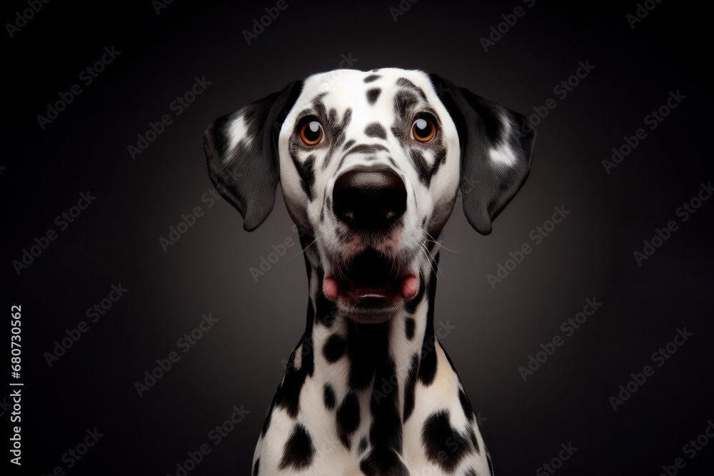 Studio portrait of a dalmatian dog with a surprised face, concept of Pet Photography. ai generative