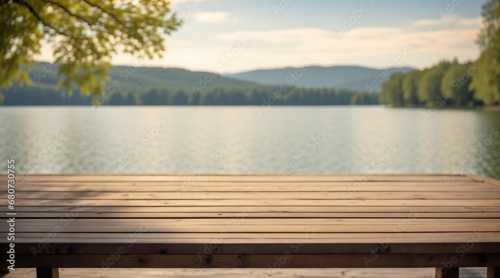 a beautiful product presentation picture showing a wooden table on a lake in a summer landscape.. Generative AI.