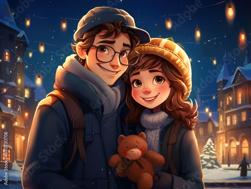 young cute couple first anniversary at christmas