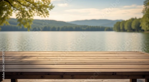 a beautiful product presentation picture showing a wooden table on a lake in a summer landscape.. Generative AI.