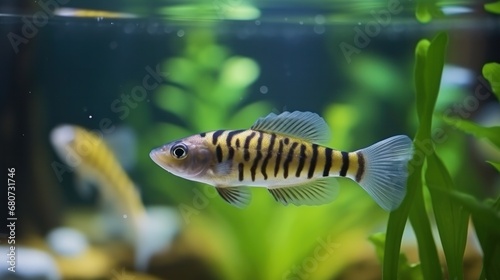 A fish swimming in an aquarium full of plants.
