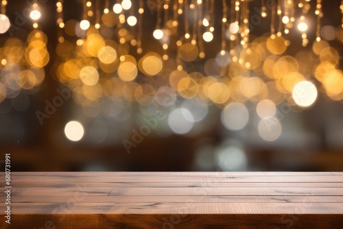 Closeup of a Empty Wooden Display Table with Bokeh Holiday Christmas Lights in the Background 