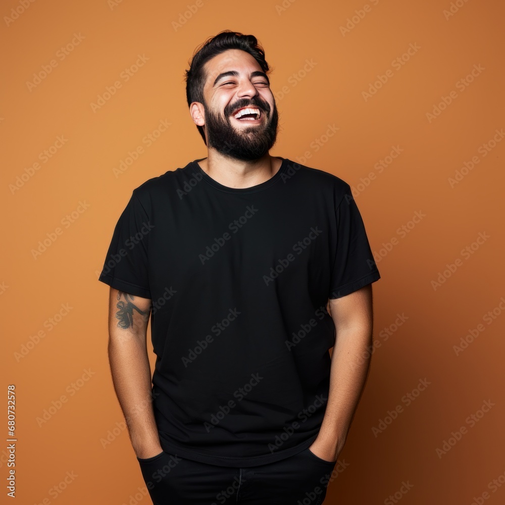 Smiling man in black t-shirt on orange background isolated AI Smiling man in black t-shirt on orange background isolated AI