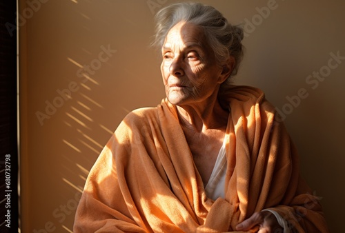 elderly woman in bathrobe holding tissue on, solarizing master, light orange and gray, candid photo