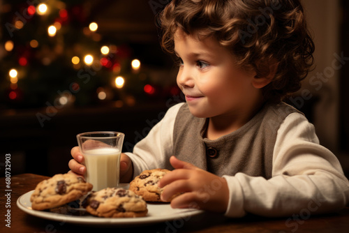 A child eagerly leaving a plate of cookies and milk for Santa on Christmas Eve. Concept of holiday traditions. Generative Ai.