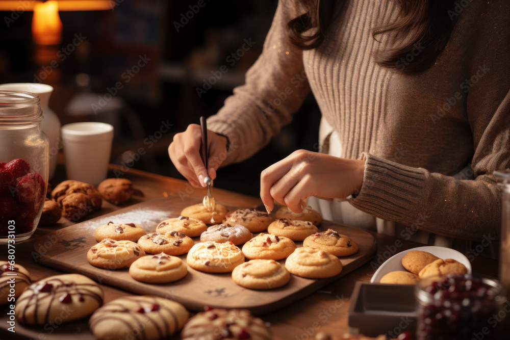 A dessert food blogger capturing the perfect cookie flat lay photo. Concept of food photography. Generative Ai.