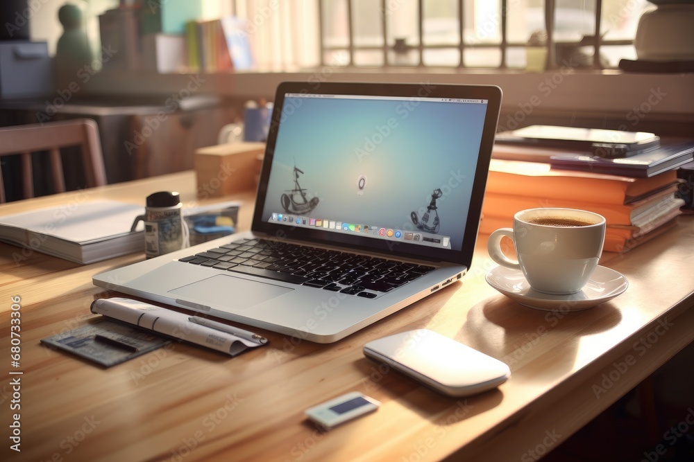 Neat and Tidy Workspace with Laptop, Notebooks, and Coffee Mugs Neat and Tidy Workspace with Laptop, Notebooks, and Coffee Mugs