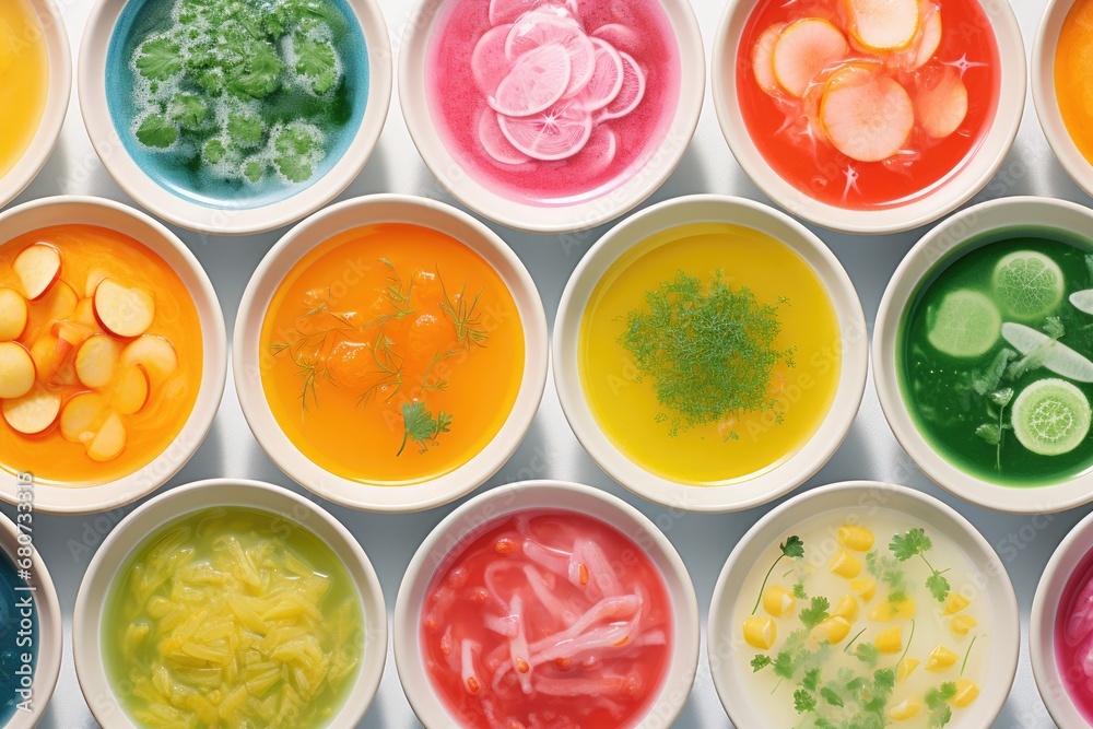 Vibrant Close-up Collection of Colorful Vegetable Broth Soups Vibrant Close-up Collection of Colorful Vegetable Broth Soups
