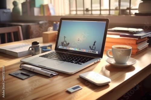 Neat and Tidy Workspace with Laptop, Notebooks, and Coffee Mugs