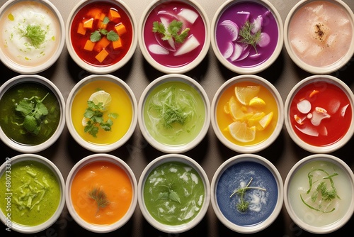 Close-up Capturing Spectrum of Colorful Soups Prepared with Vegetable Broth