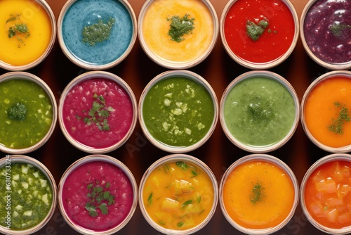 Assortment of Colorful Soups in Close-up with Vegetable Broth Base