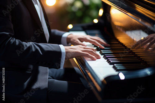 Pianist playing piano at event. piano hands of elegant man. man playing piano