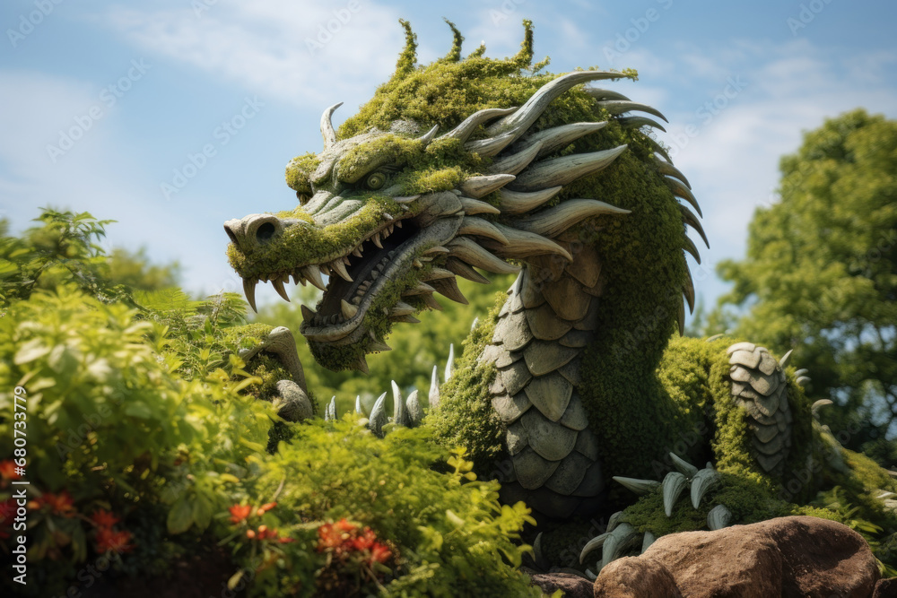 A dragon-shaped garden topiary, showcasing horticultural artistry. Concept of gardening and landscaping. Generative Ai.