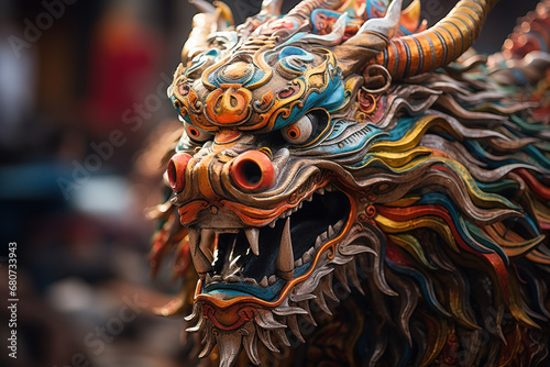 A dragon mask worn during a traditional cultural festival. Concept of cultural heritage and celebration. Generative Ai.