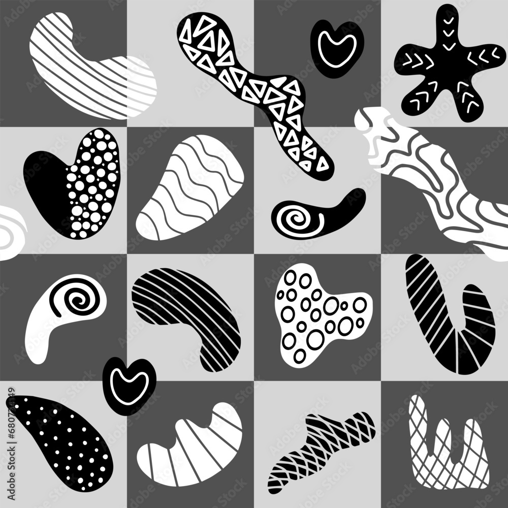 Seamless pattern with hand drawn various shapes and doodle objects. Abstract contemporary modern trendy vector illustration
