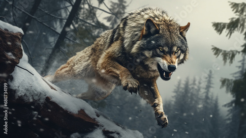 wild wolf jumping from a rock to attack in a snowy forest © nizar