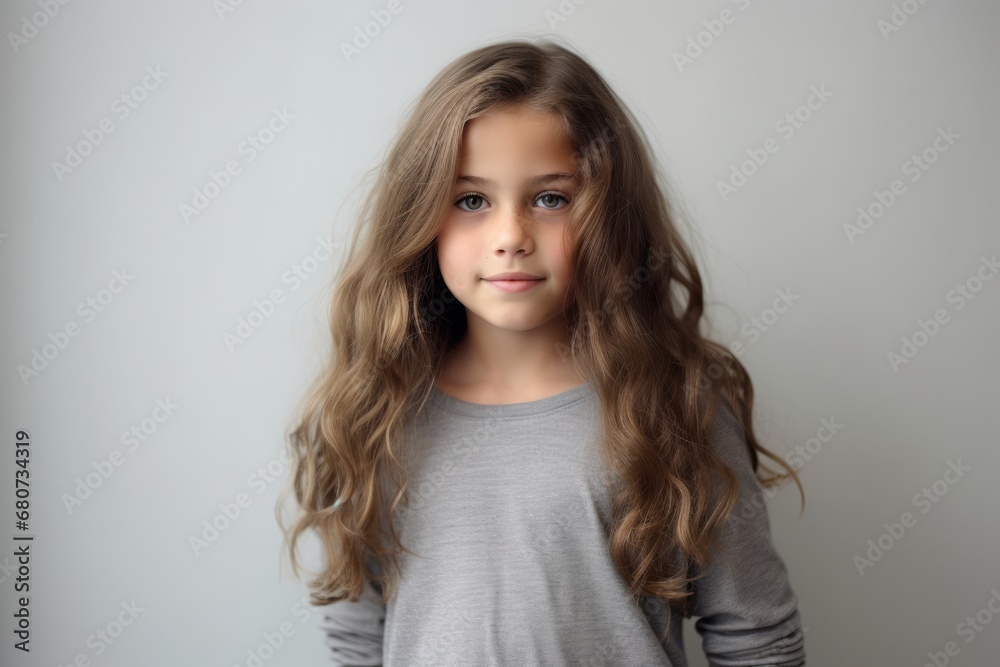 Portrait of a beautiful little girl with long hair on a gray background Portrait of a beautiful little girl with long hair on a gray background
