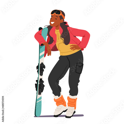 Confident Girl Snowboarder Strikes A Dynamic Pose With Board In Hands Isolated On White Backdrop, Vector Illustration