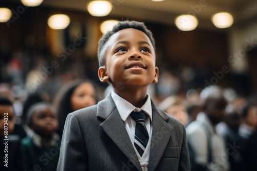 A student participating in a school assembly on Martin Luther King Jr. Day, learning about his legacy. Concept of education and history. Generative Ai.
