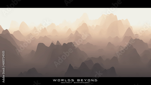 Abstract beige landscape with misty fog till horizon over mountain slopes. Gradient eroded terrain surface. Worlds beyond. photo