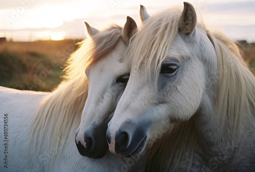 horses resting in front of one another, with sunset lights lighting their fur, light gray and, humor meets heart © IgnacioJulian