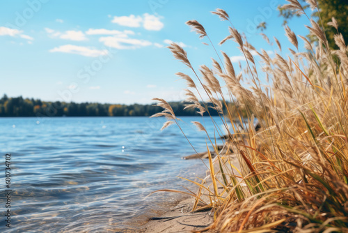 The airy gusts on a lakeshore  carrying the scent of freshwater and the cool embrace of a serene lake. Concept of lakeside purity. Generative Ai.