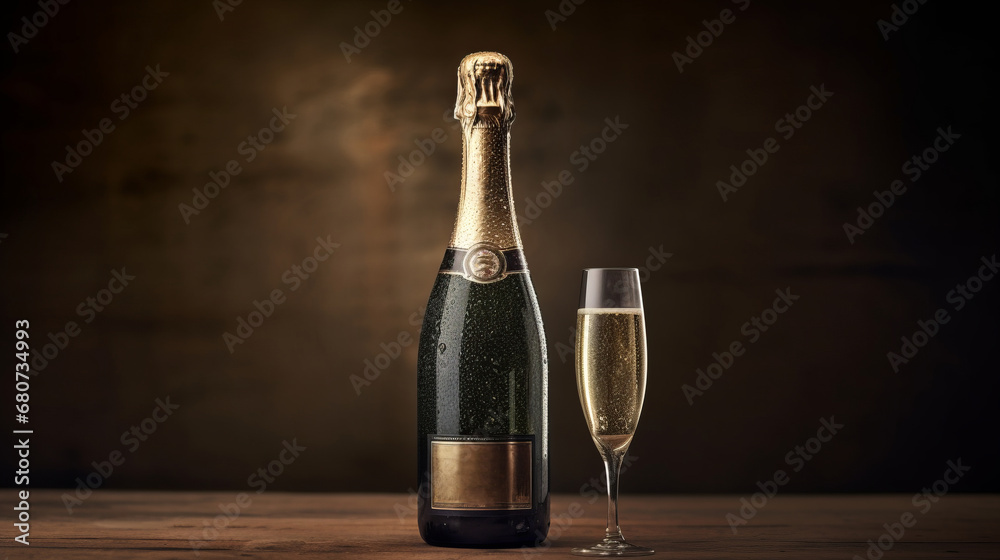 Champagne bottle holiday template. Greeting card or invitation with a bottle champagne. Happy new year background. Surprise for New Year or Christmas. New Year concept. Decor concept.Celebrate concept