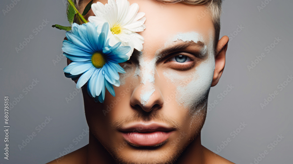 On a gray background, a well-groomed man with flawless fresh skin. Concept of skin care treatment, cosmetic procedures, spa center. - obrazy, fototapety, plakaty 