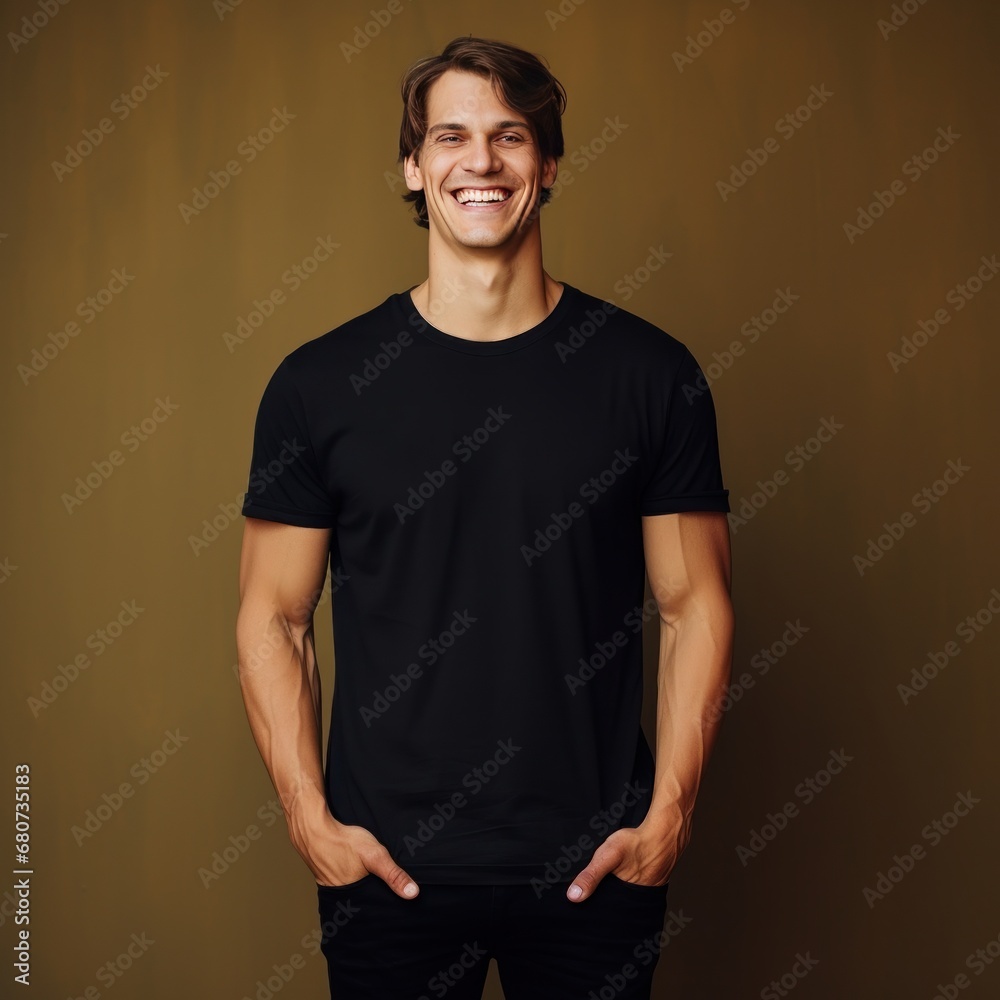 Smiling man in black t-shirt on yellow background AI