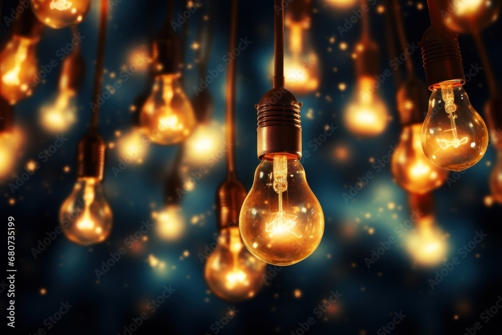 A constellation of lightbulbs suspended in mid-air, symbolizing the brilliance of interconnected ideas. Concept of illuminating thoughts. Generative Ai. A constellation of lightbulbs suspended in mid-air, symbolizing the brilliance of interconnected ideas. Concept of illuminating thoughts. Generative Ai.