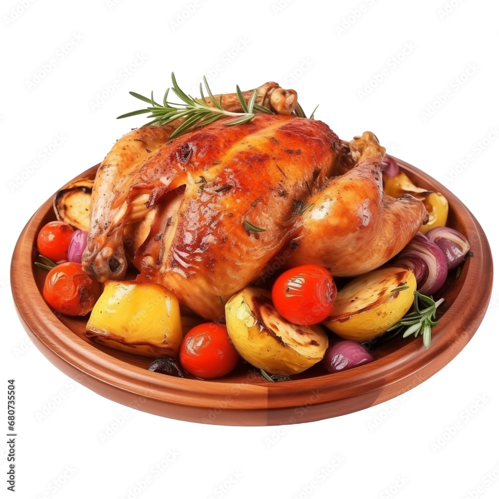 Roasted chicken on wooden plate isolated on transparent background, Grilled seasoned rotisserie chicken dish garnish menu, above, top view, cooking, recipe, holiday turkey. Generative AI Roasted chicken on wooden plate isolated on transparent background, Grilled seasoned rotisserie chicken dish garnish menu, above, top view, cooking, recipe, holiday turkey. Generative AI
