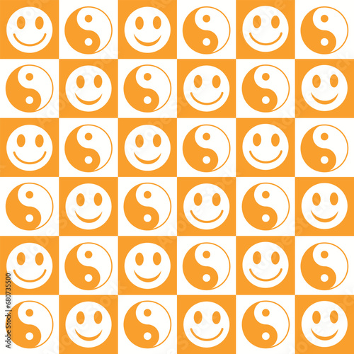 Checkered happy smile faces with Yin yang symbol seamless pattern on white and orange checkerboards. For fabric, textile and stationary. 