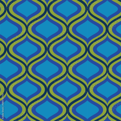 Mid century vintage ogee oval shapes seamless pattern in denim blue, navy blue and yellow. For home décor, wallpaper and fabric. 