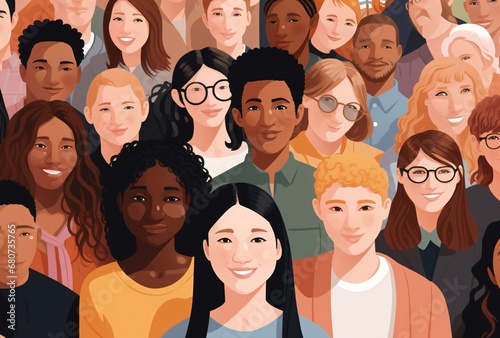 multicultural people in a crowd vector illustration ilustraÃ§o, earthy color palettes, colorful animation stills, white background © IgnacioJulian