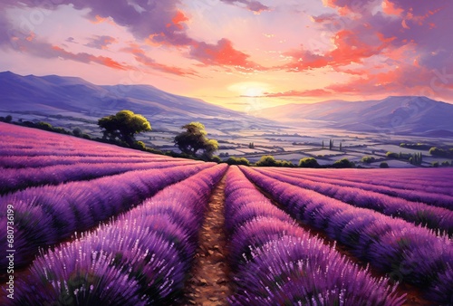 painting of lavender field sunset by, vivid realism, tonalist genius, impressive panoramas