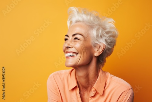 Portrait of a happy senior woman laughing and looking up on orange background