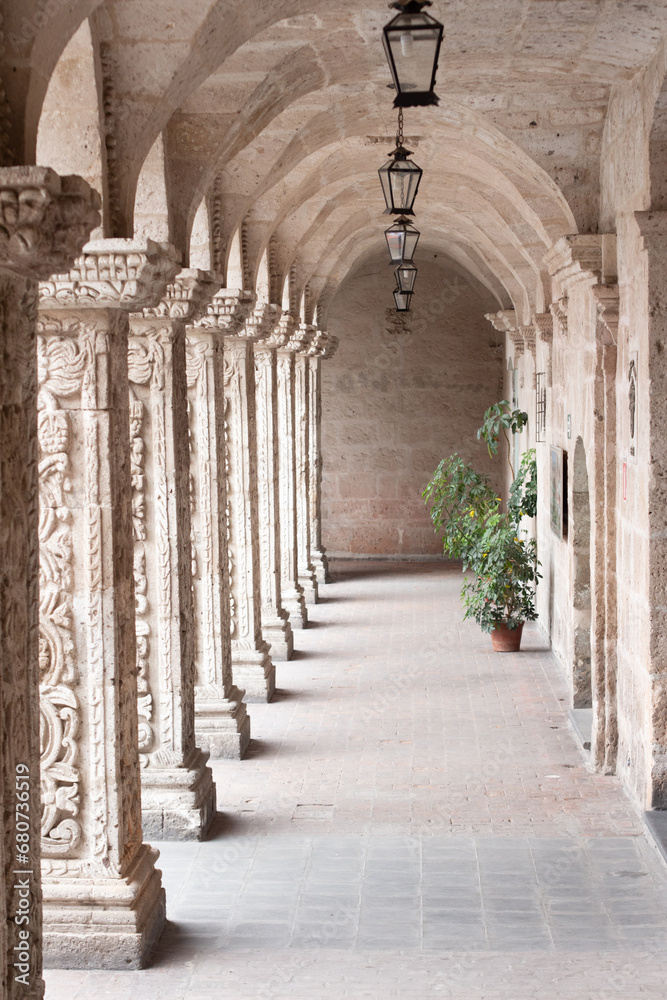 Perspective of carved columns in the Cloister of the La Compania Church, Arequipa, Peru. 17th century