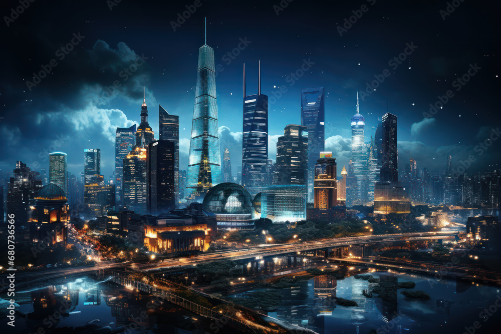A cityscape at night, aglow with the shimmering lights of buildings, capturing the modern and dynamic beauty of urban architecture. Concept of nocturnal allure. Generative Ai.