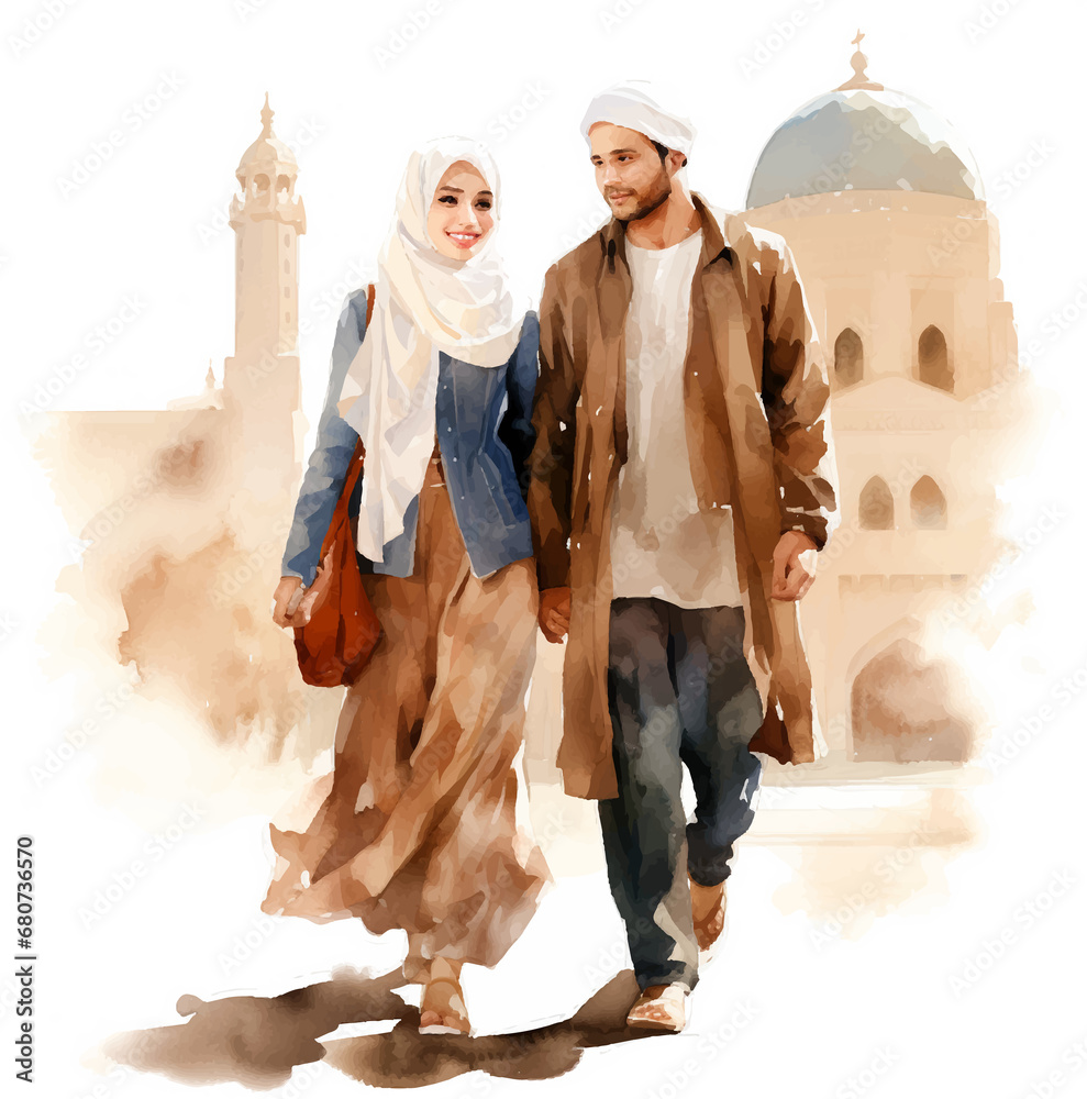 muslims couple  in front of mosque  , watercolor clipart