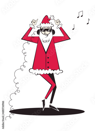 Santa Claus character in headphones and sunglasses dancing. Santa Claus Christmas illustration in retro style of 60s-70s.