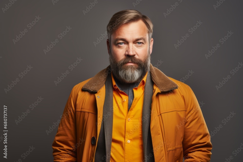 Handsome bearded man in yellow jacket and scarf. Studio shot. Handsome bearded man in yellow jacket and scarf. Studio shot.