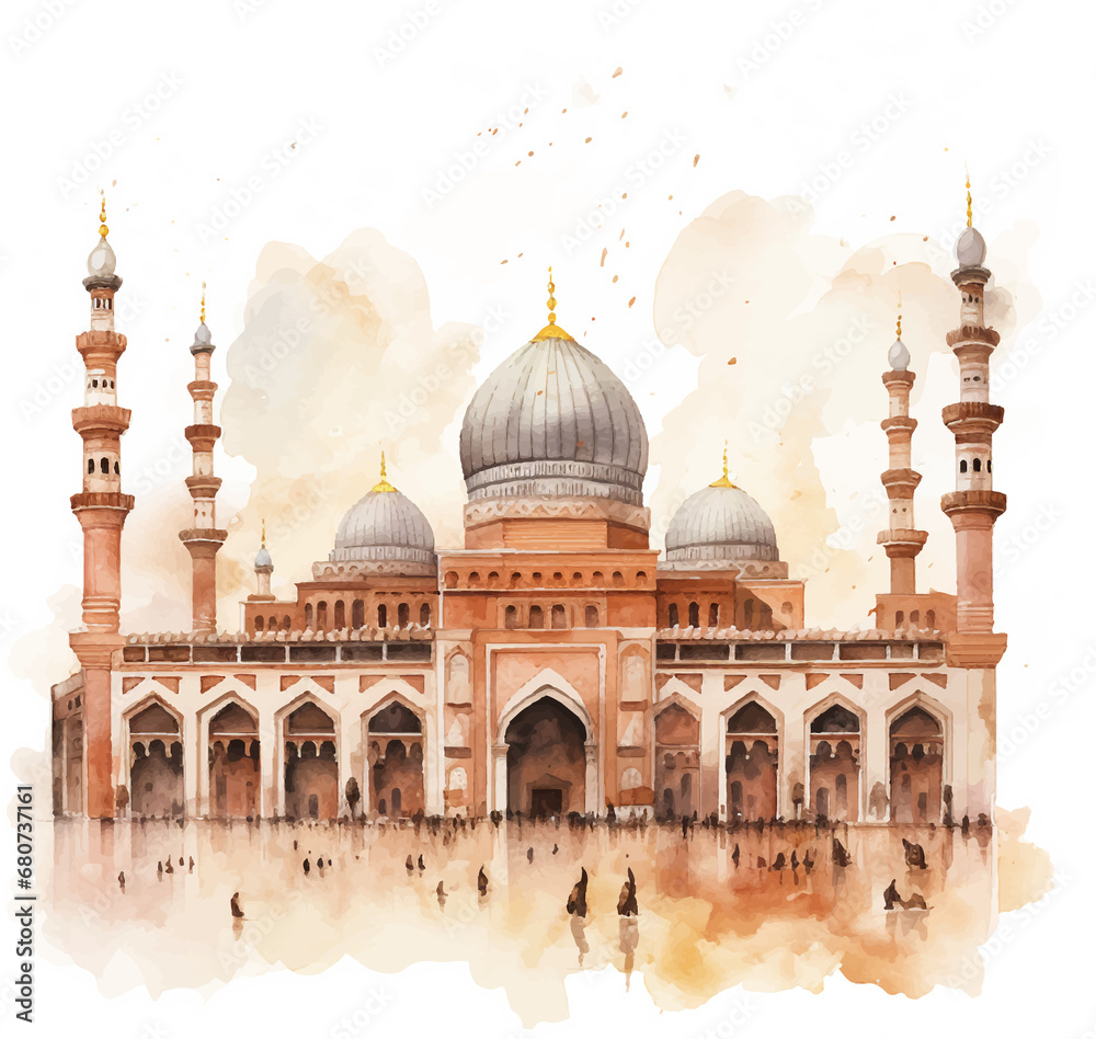 muslim family walking to mosque  , watercolor clipart