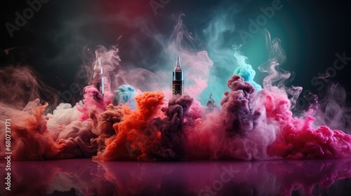 Vaping, electronic cigarette, alternative to cigarettes vape, colorful club of fragrant smoke. A large vapor vapour club, aromatics, different flavors. photo