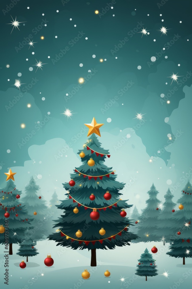 Happy New Year and Christmas Tree greeting card. Merry Christmas and Happy New Year greeting card theme Vertical Illustration. For banners, posters, gift cads, advertising. AI generated.