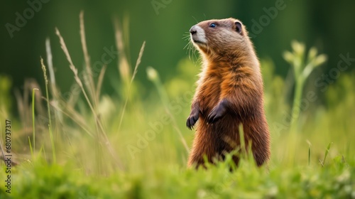 curious marmot standing in lush green meadow