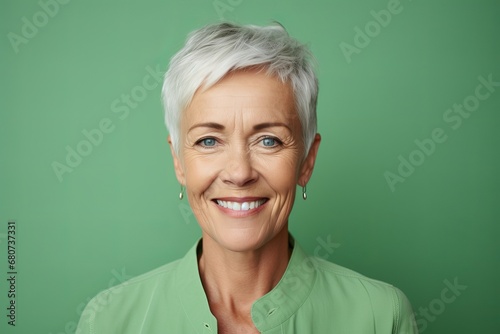 Portrait of a happy senior woman looking at camera over green background