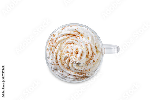 Hot dark chocolate cocktail or cocoa with whipped cream for Christmas holidays on a white isolated background
