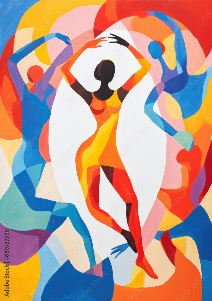 Beautiful female figure dancing in colourful background, painted in ...