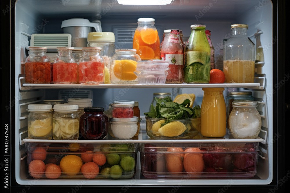 The sanitized and neatly arranged contents of a refrigerator, emphasizing the importance of cleanliness in food storage and preparation. Concept of hygienic kitchen practices. Generative Ai. The sanitized and neatly arranged contents of a refrigerator, emphasizing the importance of cleanliness in food storage and preparation. Concept of hygienic kitchen practices. Generative Ai.