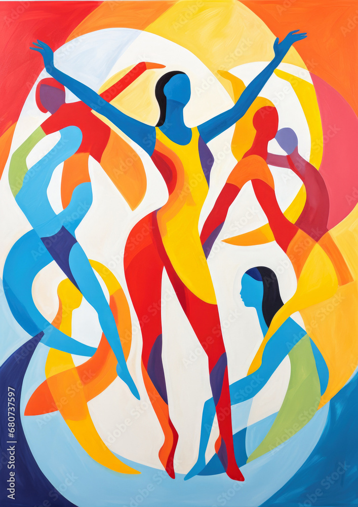 Beautiful female figure dancing in colourful background, painted in expressive loose painterly gouache and oil paint